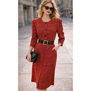 Vintage Karin Stevens 1980s Paisley Blouson Midi Dress 10 Red Black Career Retro